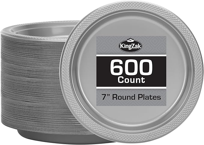 Hanna K. Signature Silver Plastic Plates 7 Inch 600 Count – Heavy Duty Disposable Dessert Plates Bulk for Catering, Weddings & Events