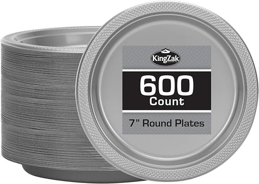 Hanna K. Signature Silver Plastic Plates 7 Inch 600 Count – Heavy Duty Disposable Dessert Plates Bulk for Catering, Weddings & Events