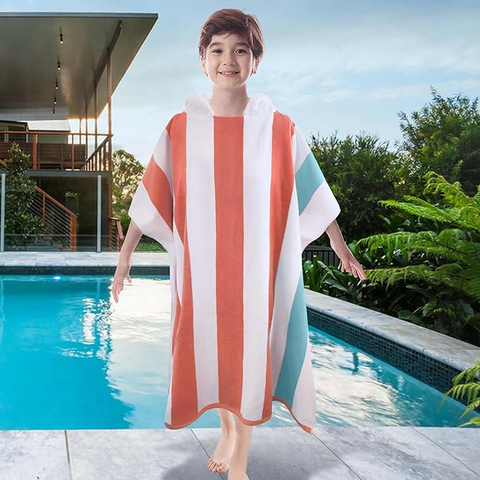 VOOVA & MOVAS Hooded Poncho Towel for Teens Unisex 100% Cotton Retro Bold Beach Pool Swim Cover Up Red White Teal Stripe