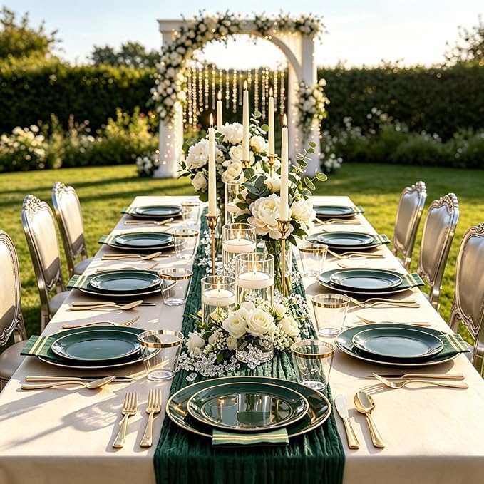 NOCCUR 350PCS Green Plastic Plates - Disposable Green Gold Dinnerware Set for 50 Guests, 100 Dinner/Dessert Plates, 150 Gold Silverware, 50 Cups&50 Napkins for Party ＆ Wedding ＆ Spring
