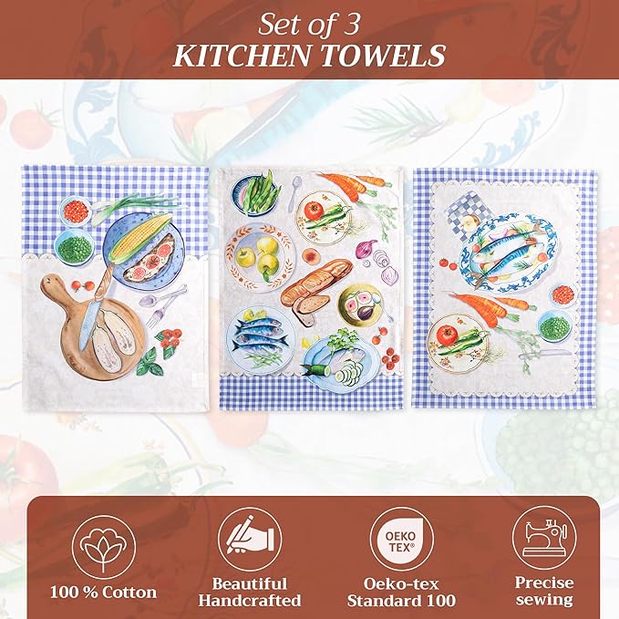 Maison d' Hermine Kitchen Towels Set of 3 100% Cotton 27.50" x 20" Reusable Cloth Tea Dish Towels Absorbent with Hanging Loop for Kitchen Farmhouse Hotel Spring Summer - Gourmand