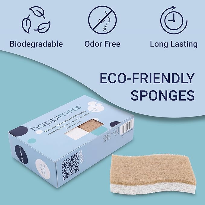 happimess WPE2000A-24SET Natural Plant Based Non-Scratch Sisal Hemp/Cellulose Scrubbing Dish Sponge, Cleaning Sponge for Dishes, Bathroom, Household, Beige/White (Set of 24)
