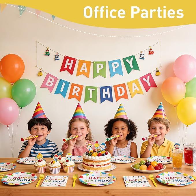 100 Pcs Birthday Party Supplies for 25 Guests, Heavy-Duty 7" & 9" Paper Plates, 2-Ply 13" Napkins & Plastic Forks, Disposable Rainbow Confetti "Happy Birthday" Tableware Set
