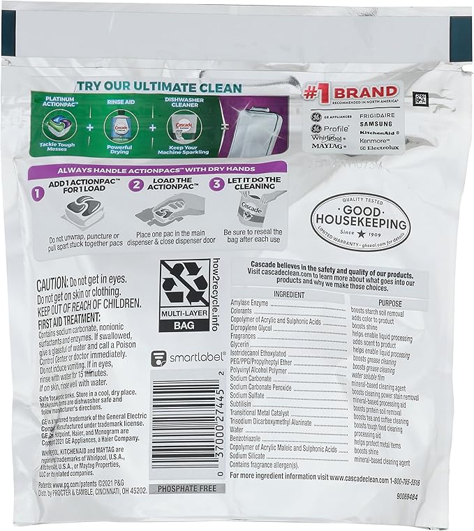 CASCADE Platinum ActionPacs + Oxi, Dishwasher Detergent, Fresh Scent, 14 Ct