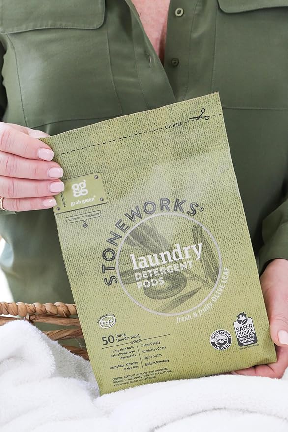 Grab Green Stoneworks Laundry Detergent Pods, 100 Count, Olive Leaf Scent, Plant And Mineral Based, Cleans Deeply, Eliminates Odors, Fights Stains