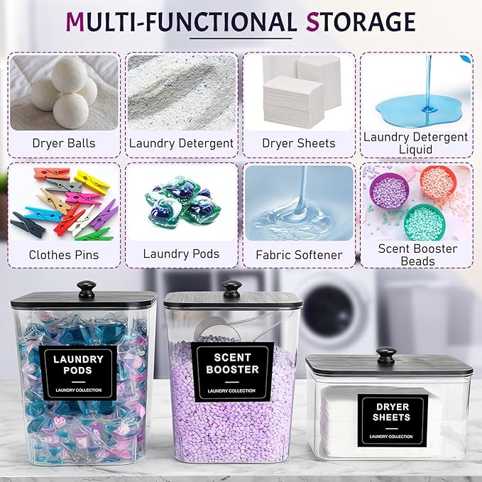 5 Pack Laundry Pods Container, Clear Laundry Room Organization Containers,Large Laundry Detergent Powder Storage Containers Black Wooden Lids & Labels, Acrylic Dryer Sheet Holder Decor