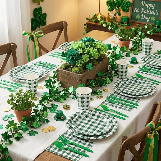 NatNarr 175 Pcs Gingham Party Supplies Include Green Gingham Plates and Napkins Cups Plastic Cutlery Disposable Green Checkered Plates Set for St Patricks Day, Picnic, Baby Shower, Golf Party