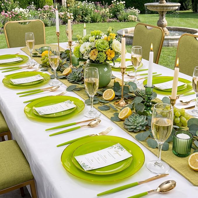 DaYammi 150Pcs Lime Green Plastic Plates & Gold Cutlery with Green Handle,green Disposable Plates with Gold Rim Include 30 Dinner Plate,30 Dessert Plate,30 Knives,30 Forks,30 Spoons for Party Dinner
