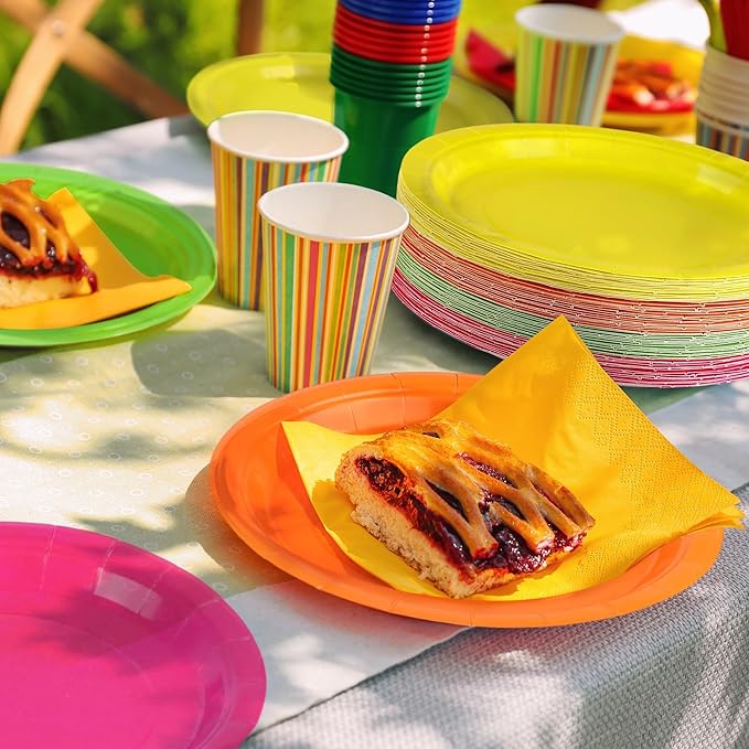 Kochorie 60 Pieces Neon Disposable Paper Plates 9 Inch Heavy Duty Dinner Plates, Solid Color, Table Decorations Party Supplies for Birthdays, Weddings, Daily Use