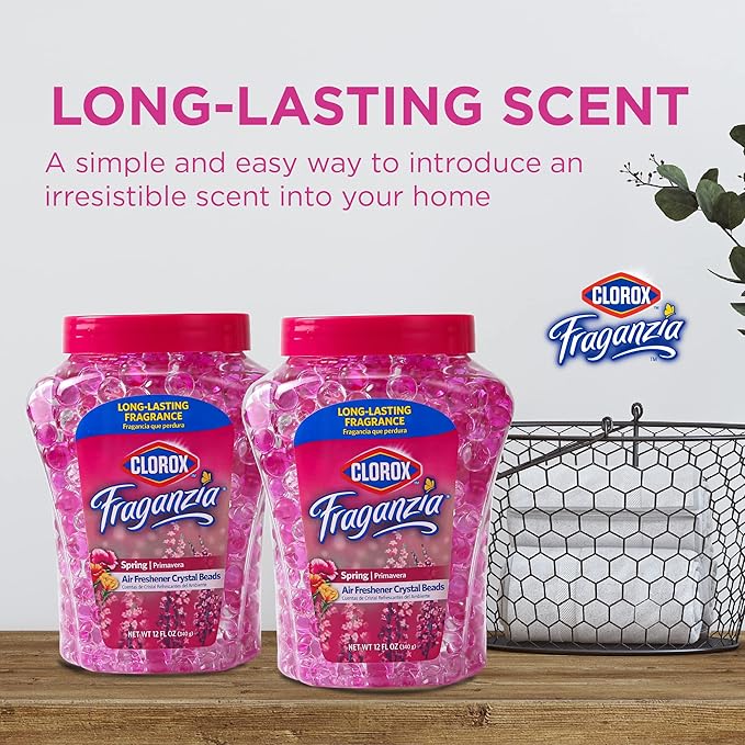 Clorox Fraganzia Crystal Beads Air Freshener Twin Pack, Long Lasting Room Deodorizer and Odor Eliminator Gel Beads for Home, Car, or Office, Spring Scent, 24 Fl Oz - 6 Pack