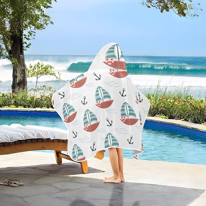 susiyo Kids Hooded Bath Towel Cute Boat Anchor Beach Towel for Kids 23.5 x 50 Inch Microfiber Soft Absorbent Quick Dry Bath Swim Pool Towel Wrap Poncho Bathrobe with Hood for Kids Toddler