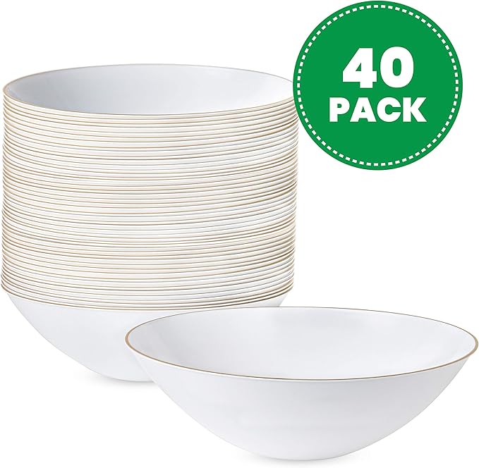[16 OZ 40 Count] White Plastic Floral Design Party Soup bowls With Gold Rim Premium heavyweight Elegant Disposable Tableware Dishes
