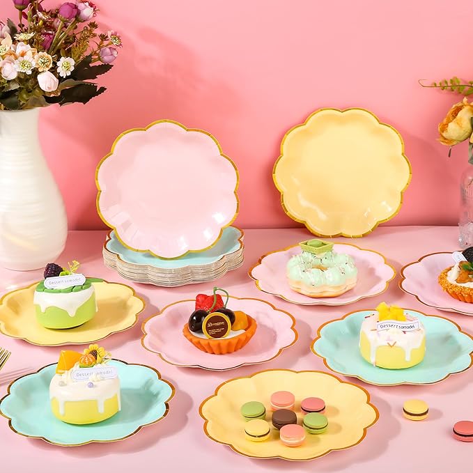 AimFun 24 Pcs Pastel Scalloped Paper Plates 7 Inch Disposable Macaron Colorful Dessert Plates with Gold Edge Gradient Rainbow Party Supplies for Wedding Birthday Baby Shower Bridal Summer Decorations