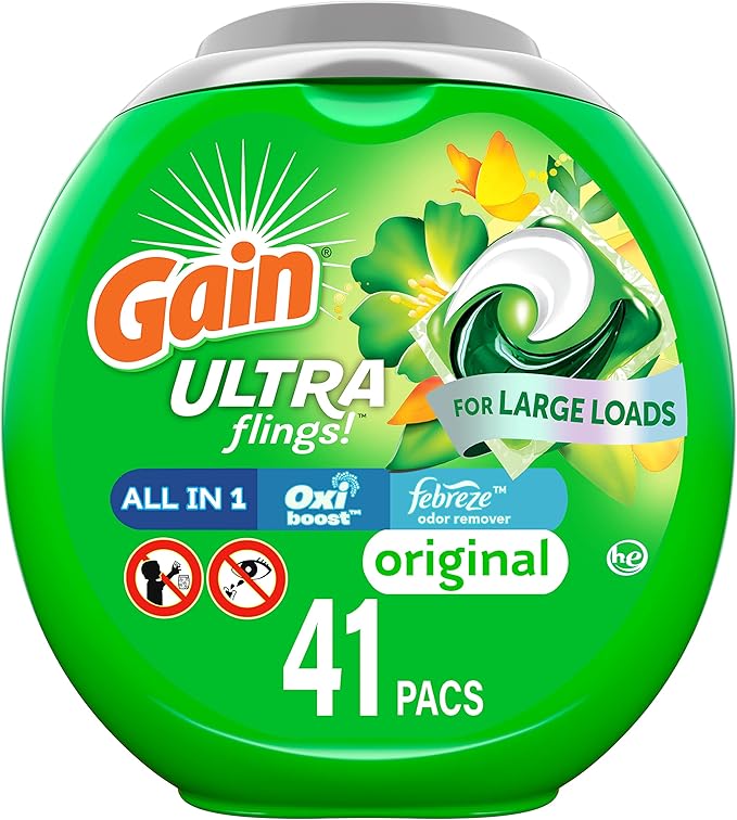 Gain Ultra Flings Liquid Laundry Detergent Pacs Designed for Large Loads, Original Scent, 41 Count