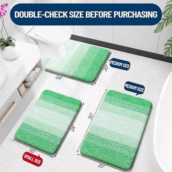 OLANLY Bathroom Rugs Sets 3 Piece, Soft Absorbent Microfiber Bath Mats and U-Shaped Contour Toilet Rug, Plush Shaggy Bath Mat Set for Bathroom (30"x20"+24"x16"+24"x20", Green)
