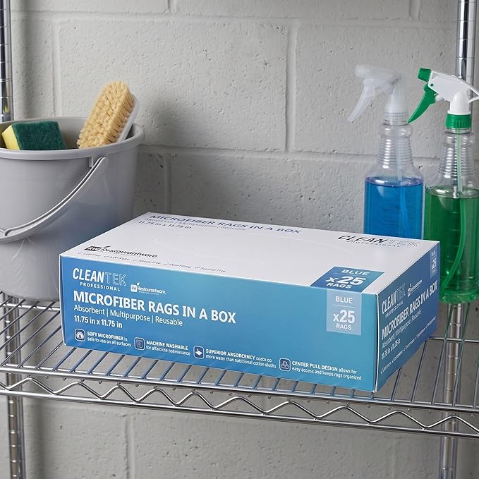 Restaurantware-Clean Tek Professional 11.81 x 11.81 Inch Microfiber Rags In a Box, 25 Absorbent Cleaning Cloths - No-Scratch, Blue Microfiber Reusable Edgeless Cleaning Towels, Leaves No Streak