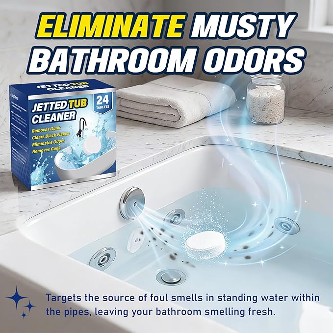 Jetted Tub Cleaner Tablets (24 Count) - Effective Whirlpool & Hot Tub System Flush - Eliminates Soap Scum, Gunk, and Stubborn Black Flakes - Heavy Duty Formula for Clean & Odor-Free Pipes