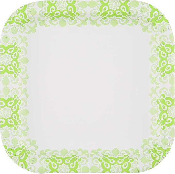 Glad Square Heavy Duty Paper Plates, Soak Proof and Cut Proof Disposable Plates for Parties and Everyday Meals, Microwaveable for Easy Serving, Green Victorian Pattern, 10 Inch, 50 Count