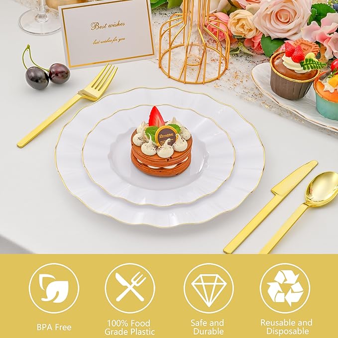 102Pcs White Plastic Plates, Heavy Duty Fancy Disposable Plate with Gold Rim, Party Plates include 51 Dinner & 51 Dessert Platos for Parties and Wedding(51 Guests)