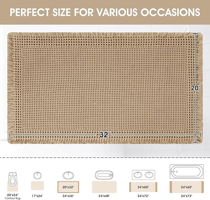 Upgraded Waffle Bath Mat, 32"x20" Beige-Bordered, Super Absorbent Non-Slip Quick Dry Bathroom Rugs with Tassels, Machine Washable Ultra Soft Boho Bath Rugs for Floor, Toilet Mats Boho Farmhouse Decor