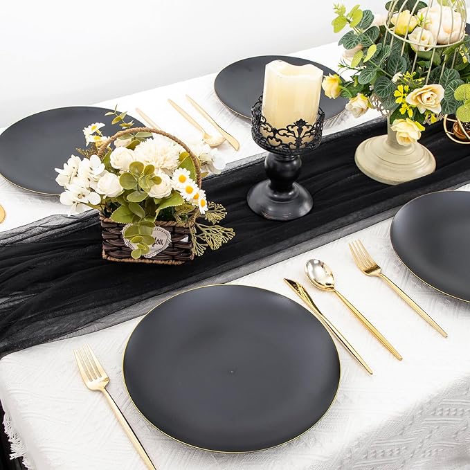 EI 80pcs Black and Gold Dinner Plates Disposable 10.25inch,Plastic Party Graduation Plates with Gold Rim,Black Plastic Matte plate Frosted Disposable Heavy Duty,Elegant for Wedding/Graduation