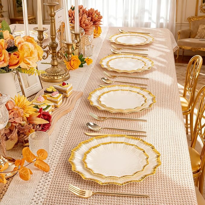 DaYammi 60Pcs Ivory Plastic Plates with Gold rim,Ivory Gold Disposable Plates - Heavy duty Plastic Plates Include 30 Dessert Plate,30 Dinner Plate,Ivory Scalloped gold plates for Party Wedding