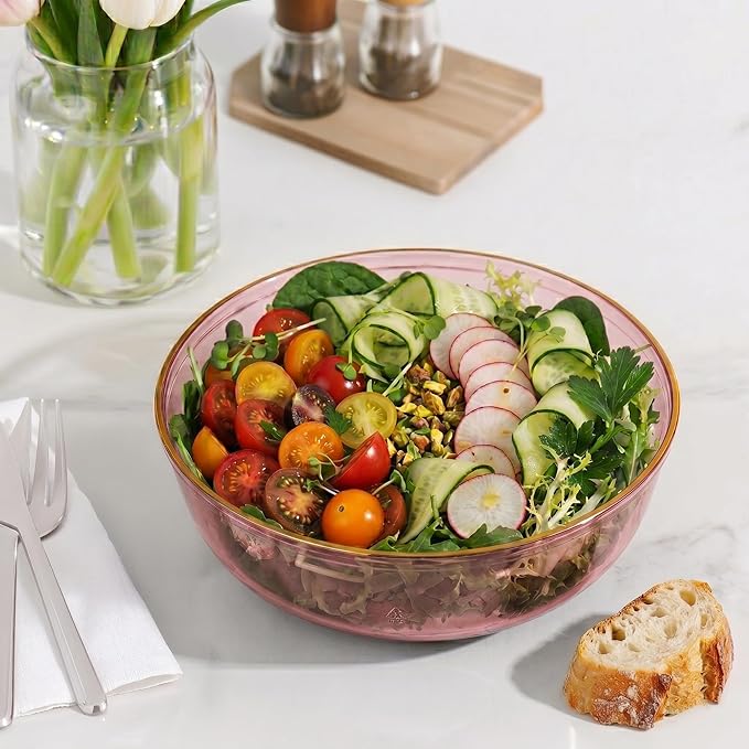 PLASTICPRO Plastic Party Plates Edge Collection Premium heavyweight Elegant Disposable Tableware Dishes (Translucent Pink With Gold Rim, 16 OZ BOWLS)