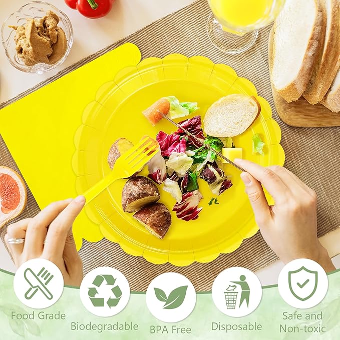 Mulbozy 100 Yellow Plates and Napkins Disposable Set Includes 25-9" & 25-7" Dessert Cake Scalloped Plates, Cocktail Napkins, Forks for for Holiday Party Supplies