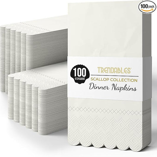 Party Solids Ivory Scalloped Napkins Disposable 100 Pcs 3-Ply Ivory Scalloped Dinner Napkins Disposable Decorative for Dinners & Parties, Paper Guest Towels for Bathroom & Party Supplies