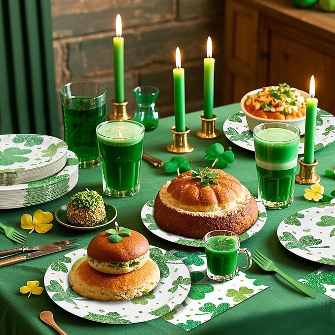 96 Pieces St. Patrick's Day Shamrock Plates and Napkins Tableware Set, Green Lucky Clover Disposable Dinnerware with Paper Plates, Napkins, and Forks for Irish Party Supplies- Serves 24