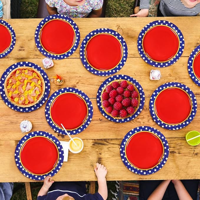 50Pcs Red White and Blue Round Paper Plates 9 Inch Super Theme Hero Red Stars Birthday Dessert Plates Girl Hero Theme Party Decorations for Women Girls Super Patriotic Labor Day Party Decorations