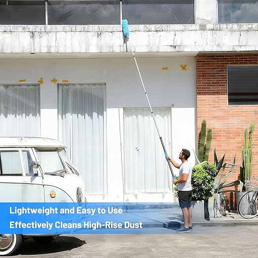 30ft High Reach Duster Kits, Heavy Duty High Reach Duster Kit for Cleaning, Spider Web Brush, Washable Dust Brush for High Roof and Glass Surfaces (with 5-12ft Extension Pole)