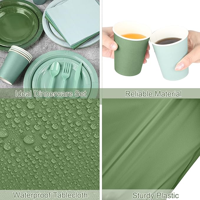 Kochorie 169 Pieces Sage Green Party Supplies Gradient Green Disposable Dinnerware Set Include Plates, Cups, Napkins Plastic Cutlery, Tablecloth for Wedding Birthday Party Decorations, Serve 24 Guests