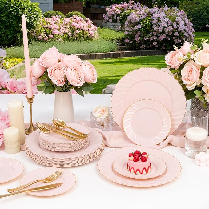 YOUBET 125Pcs Pink Plastic Plates with Gold Rim - Scalloped Plastic Plates Set Includes 25 Dinner, 25 Dessert Plate, 75 Gold Silverware for 25 Guests for Wedding Birthday Baby Shower