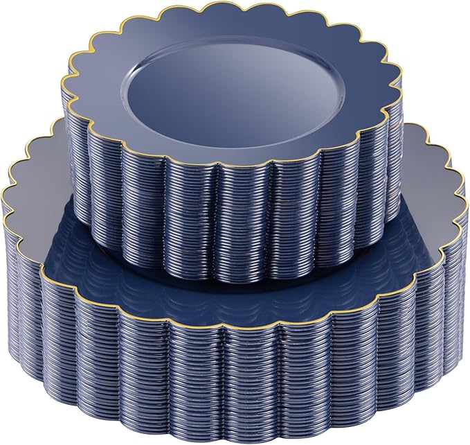 LIYH 60 Pcs Navy Blue Plastic Scalloped Plates with Gold Rim, Blue and Gold Disposable Plates for Party Included 30 Dinner Plate 10.25 30 Dessert Plate 7.5 Inch for Memorial Day,Independence Day