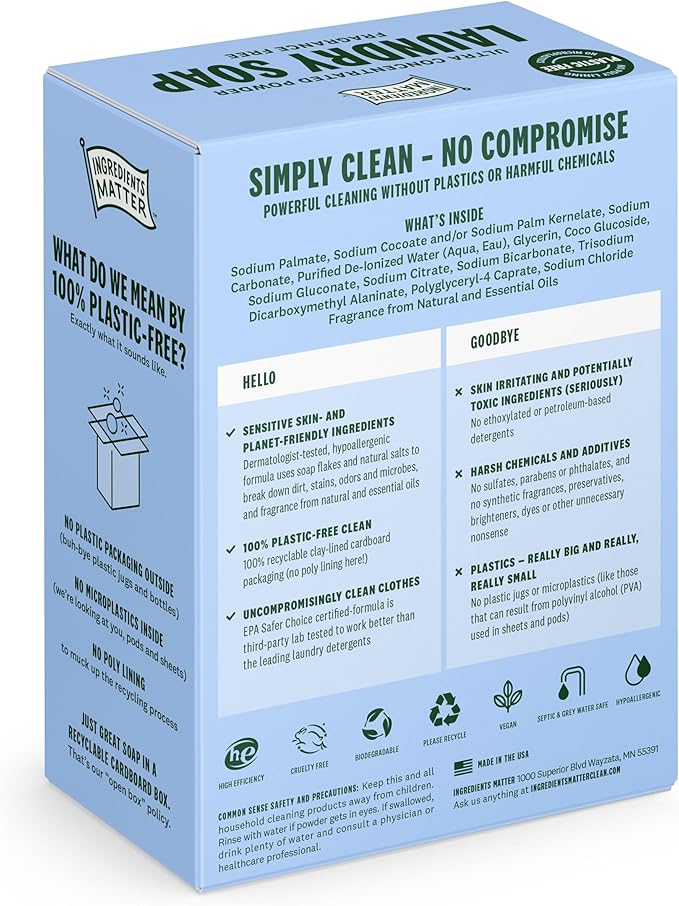 Ingredients Matter Powder Laundry Soap - Lotus Leaf + Sea Salt Scent, Hypoallergenic Detergent, Natural & Eco-Friendly, Plastic Free, Natural Essential Oils & Dermatologist Tested - 15 oz, 30 Loads