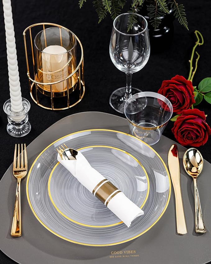 Morejoy 175PCS Clear Gold Plastic Plates - Disposable Gold Party Plates & Pre Rolled Napkins with Cutlery for 25 Guests, 50Plates, 75Silverware, 25Cups, 25Napkin for Party & Wedding & Mother's Day