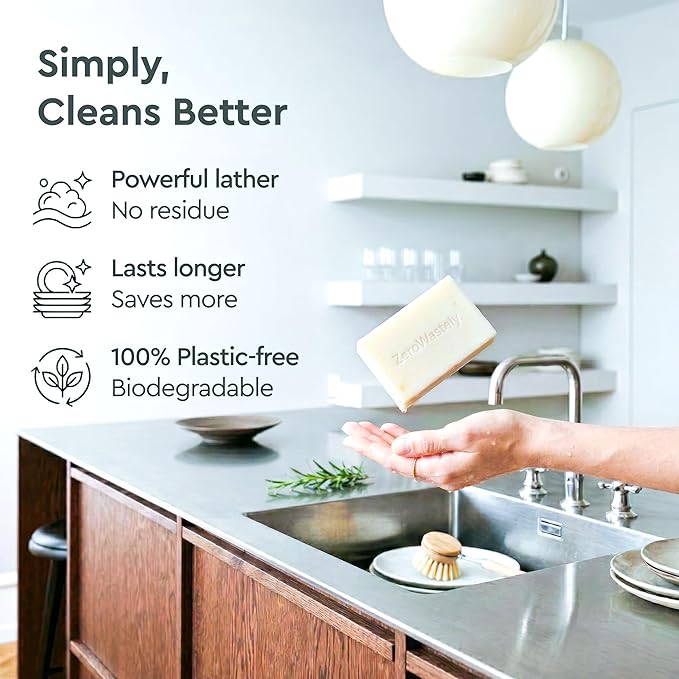 ZeroWastely Natural Dish Soap Bar - Value Pack of 3 Solid Soap Block 16oz - Lemon Scented, Long Lasting, Skin Friendly - Sustainably Made from 100% Organic Ingredients - Plastic Free Dish Soap