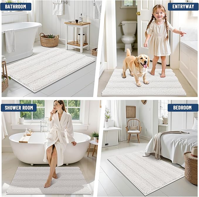 Grandaily Chenille Striped Bathroom Rugs 30x20, Extra Thick and Absorbent Bath Mats, Non-Slip Soft Plush Shaggy Shower Carpet, Machine Wash Dry, Bath Rug for Bathroom, (Medium, Cream)