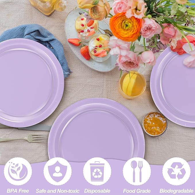 QZYL 50 Pieces of Paper Plates, Round Lavender Party Plates Pack, Disposable 9 Inches Paper Dinner Plates, Everyday Use Plates for Daily Meals Picnic Camping Birthday Wedding Christmas Supplies
