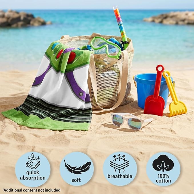 Disney Pixar Toy Story Bath Towels with Hood for Boys, Ages 2-6, Buzz Lightyear Soft and Absorbent Hooded Cotton Beach Towel Wrap, Swimming Pool Poncho, Gifts for Boys (Multi Buzz Lightyear)