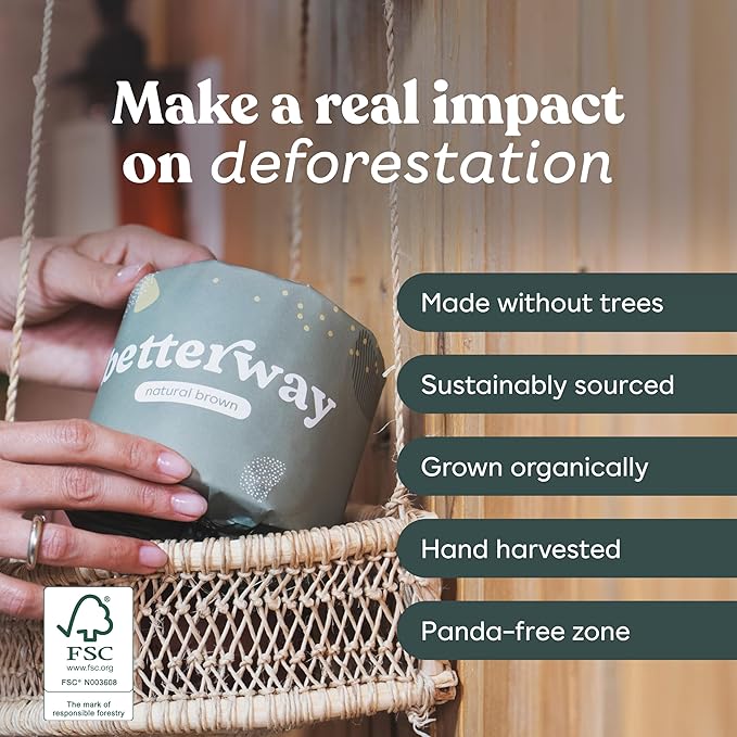 Betterway Unbleached Bamboo Toilet Paper Rolls - Eco-Friendly 3 Ply Toilet Tissue - 36 Long-Lasting Rolls - 360 Sheets/Roll - Organic, FSC Certified, Septic Safe TP - Lint-Free, PFAS-Free Bath Tissue