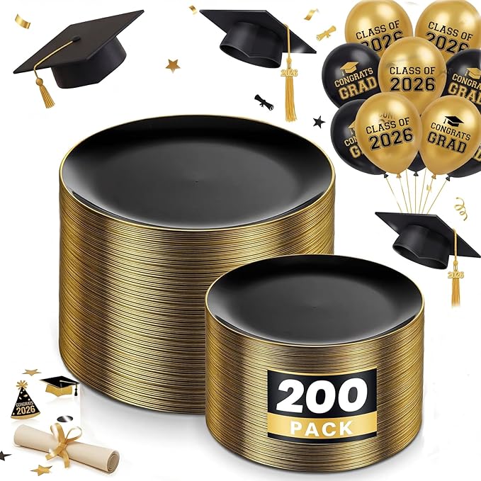 KIRE 200Pcs Black Plastic Plates - Black and Gold Plates Disposable for Party - Include 100 for Dinner and 100 for Dessert for Birthday/Wedding/Graduation/Father's Day