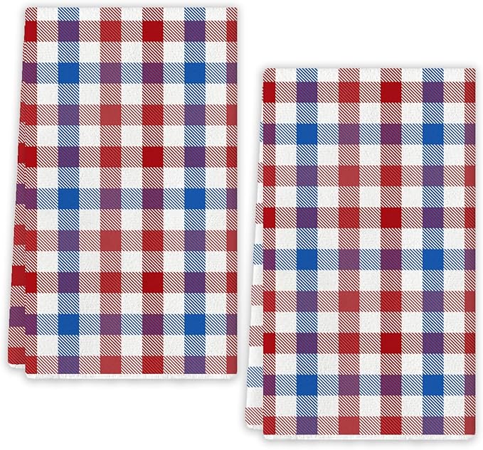 4th of July Buffalo Plaid Kitchen Towels Farmhouse Blue Red Gingham Dish Towel Pastel Memorial Day Checkered Decor Patriotic Decorations for Home Party