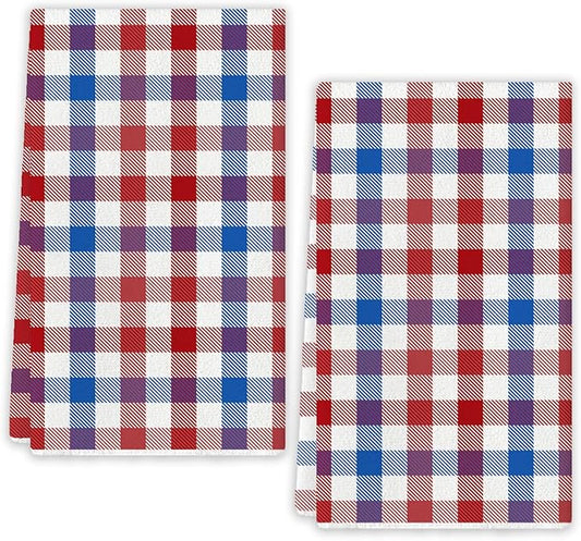 4th of July Buffalo Plaid Kitchen Towels Farmhouse Blue Red Gingham Dish Towel Pastel Memorial Day Checkered Decor Patriotic Decorations for Home Party