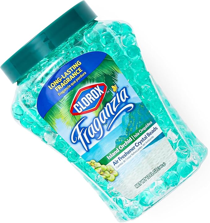 Clorox Fraganzia Crystal Beads Air Freshener Twin Pack, Long Lasting Room Deodorizer and Odor Eliminator Gel Beads for Home, Car, or Office, Island Orchid Scent, 24 Fl Oz