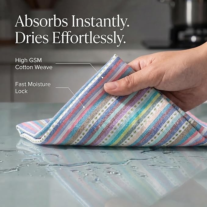 Urban Villa Kitchen Towels 100% Cotton Dish Towels for Kitchen(Set of 6)20”x30” Dish Cloths Highly Absorbent Kitchen Linen Set with Hanging Loop Perfect for Drying Dishes Cleaning Towels-Blue Stripes