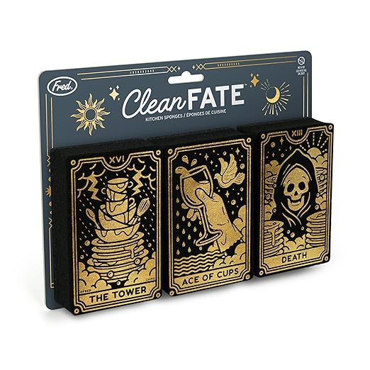 Genuine Fred Clean Fate Tarot Card Kitchen Sponges, Set of 3 Multi Layer Sponges with Metallic Gold Tarot Card Designs Fun, Functional, Mystical, Whimsical Kitchen Cleaning and Decor