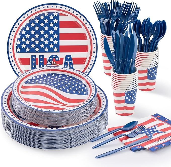 Fijinhom Patriotic Party Supplies, 175 PCS American Flag Paper Plates Set, Disposable Dinnerware Set for 25 Guests, USA Flag Paper Plates Napkins Cups Blue Plastic Forks Knives Spoons for Christmas