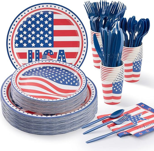 Fijinhom Patriotic Party Supplies, 175 PCS American Flag Paper Plates Set, Disposable Dinnerware Set for 25 Guests, USA Flag Paper Plates Napkins Cups Blue Plastic Forks Knives Spoons for Christmas